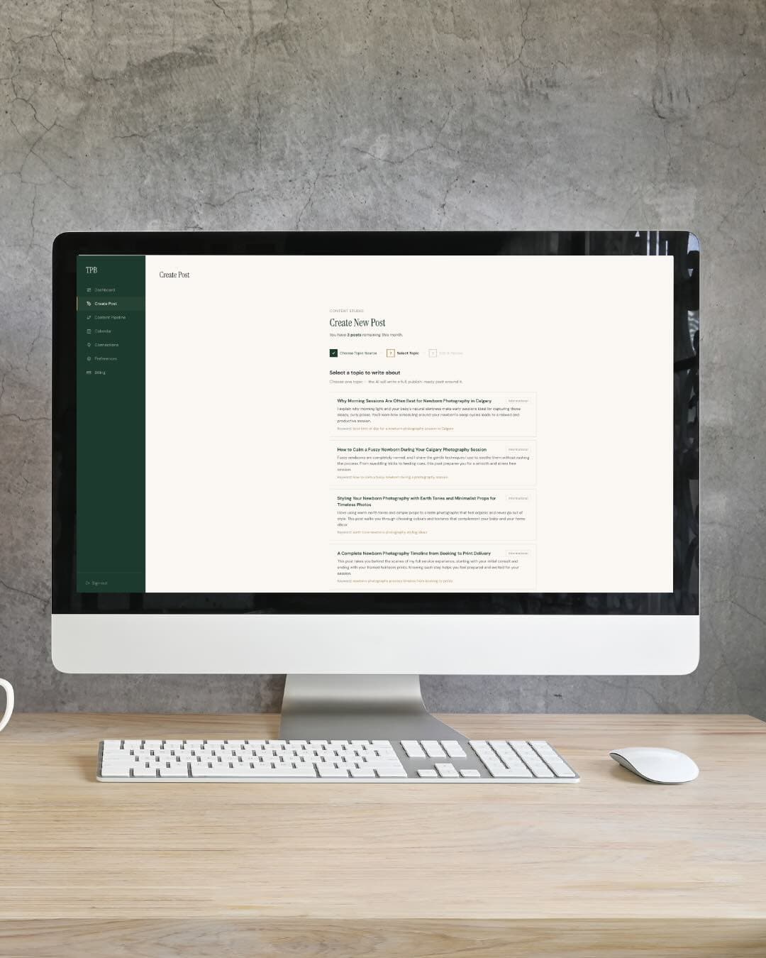 Blog post editor dashboard for photographers — write and publish SEO-optimized articles