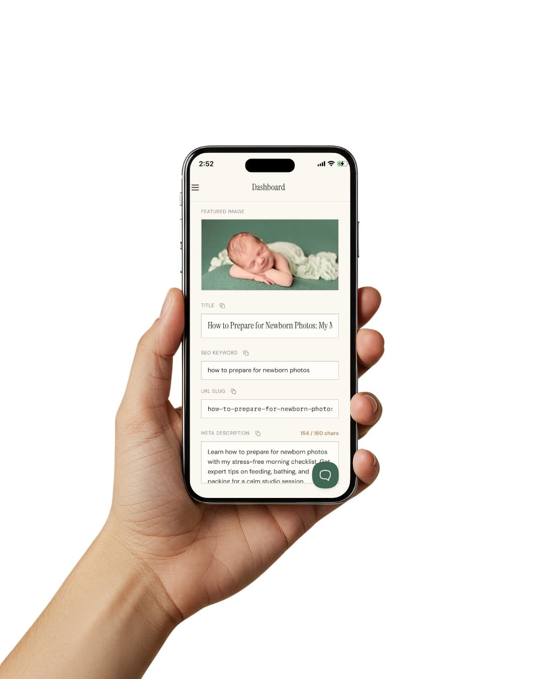 Mobile view of the photographer's blog management dashboard on a smartphone